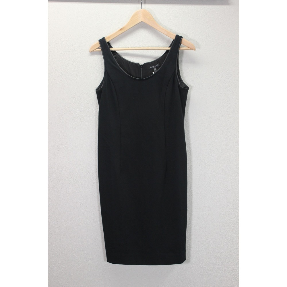Eileen Fisher women's black viscose stretch ponte sheath dress leather trim PS